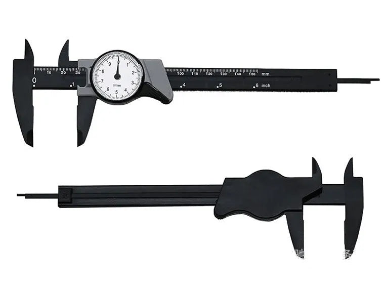 Black plastic vernier caliper showing 0-150mm measuring range with 0.1mm graduation markings