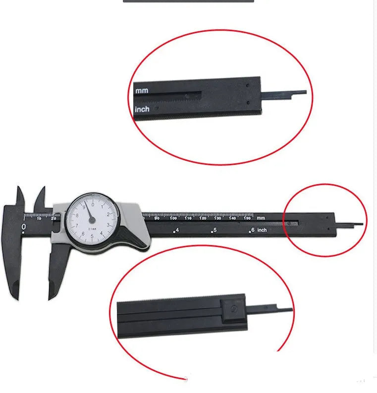 Black plastic vernier caliper showing 0-150mm measuring range with 0.1mm graduation markings