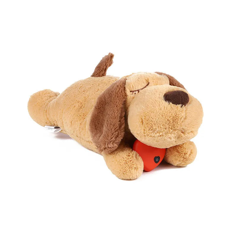 Brown plush dog toy with removable heartbeat simulator for anxiety relief and chewing