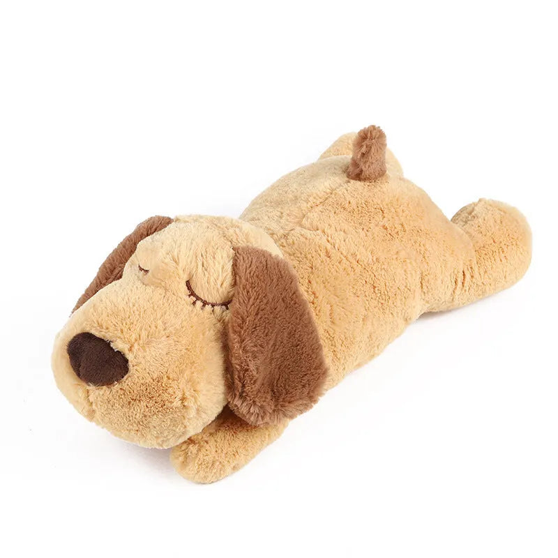 Brown plush dog toy with removable heartbeat simulator for anxiety relief and chewing