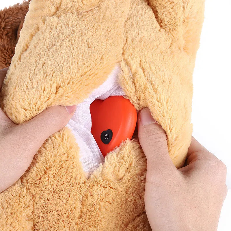 Brown plush dog toy with removable heartbeat simulator for anxiety relief and chewing