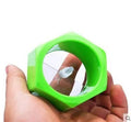 Yellow and green plastic spiral vegetable cutter for slicing cucumber, 8cm in diameter.