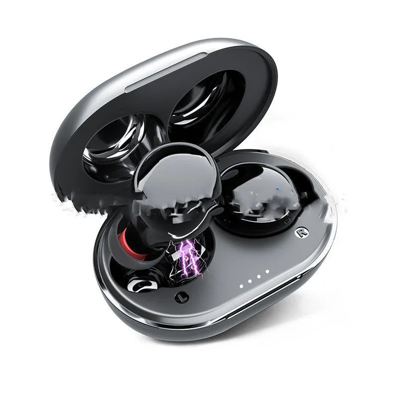 Black wireless Bluetooth 5.0 earbuds with charging box, smart touch control, and 15m range