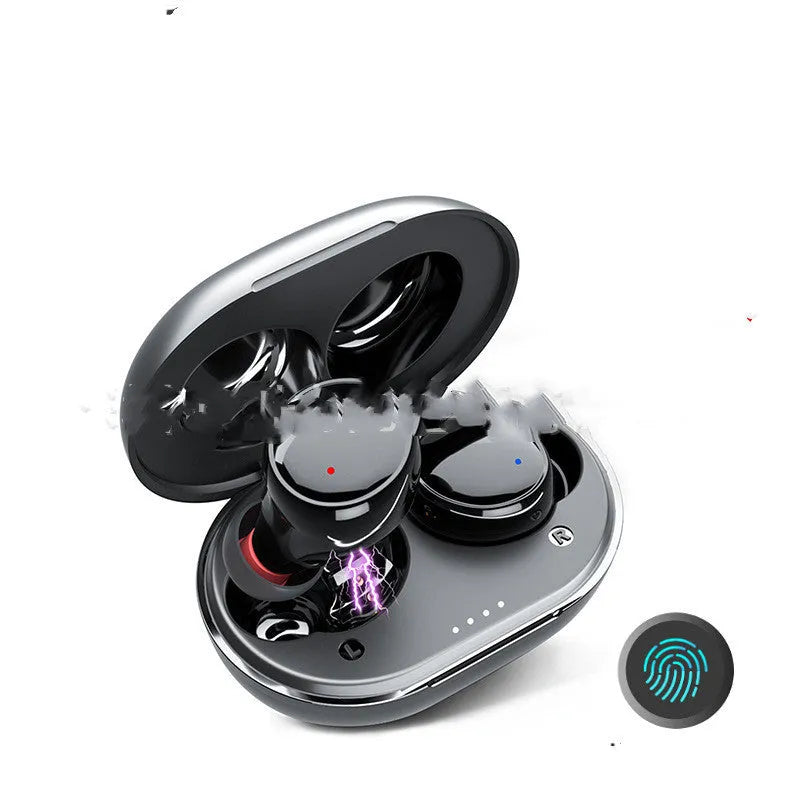 Black wireless Bluetooth 5.0 earbuds with charging box, smart touch control, and 15m range
