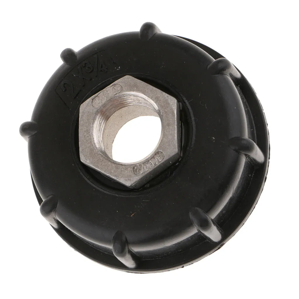 Black PP plastic and stainless steel variable thread adapter for connecting 1000 litre barrels to standard pipe fittings.