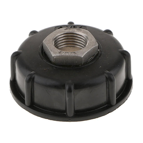 Black PP plastic and stainless steel variable thread adapter for connecting 1000 litre barrels to standard pipe fittings.