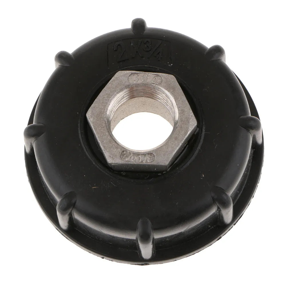 Black PP plastic and stainless steel variable thread adapter for connecting 1000 litre barrels to standard pipe fittings.