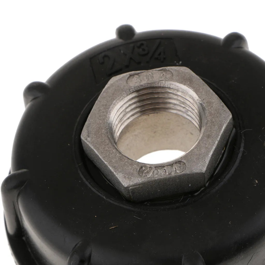 Black PP plastic and stainless steel variable thread adapter for connecting 1000 litre barrels to standard pipe fittings.