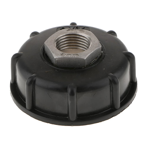 Black PP plastic and stainless steel variable thread adapter for connecting 1000 litre barrels to standard pipe fittings.