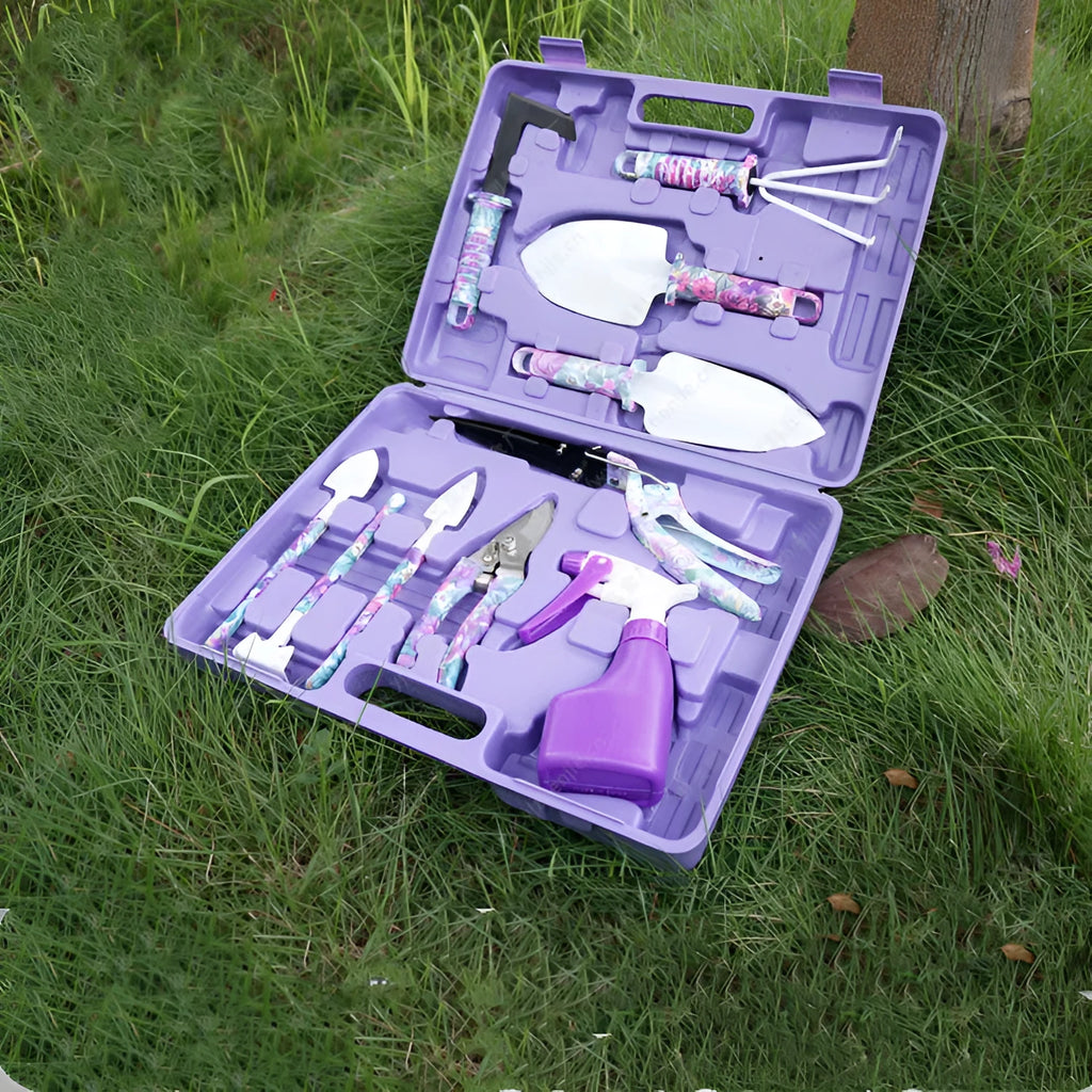 Purple printed 10-piece PP plastic garden tool set in open box showing various hand tools