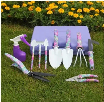 Purple printed 10-piece PP plastic garden tool set in open box showing various hand tools