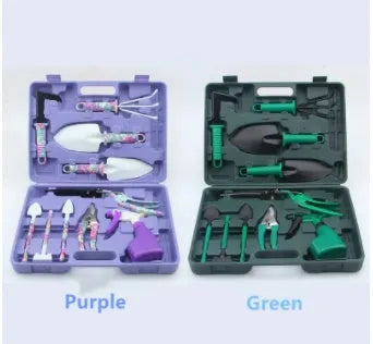 Purple printed 10-piece PP plastic garden tool set in open box showing various hand tools
