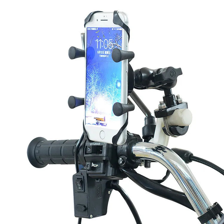 Black aluminium alloy motorcycle phone mounting bracket attached to a bike handlebar