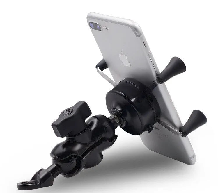 Black aluminium alloy motorcycle phone mounting bracket attached to a bike handlebar