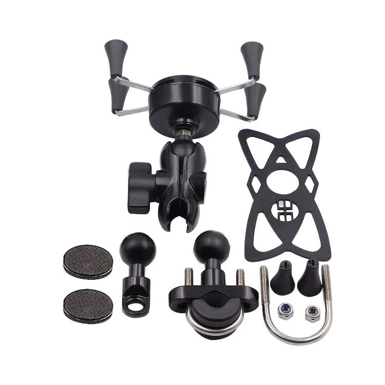 Black aluminium alloy motorcycle phone mounting bracket attached to a bike handlebar