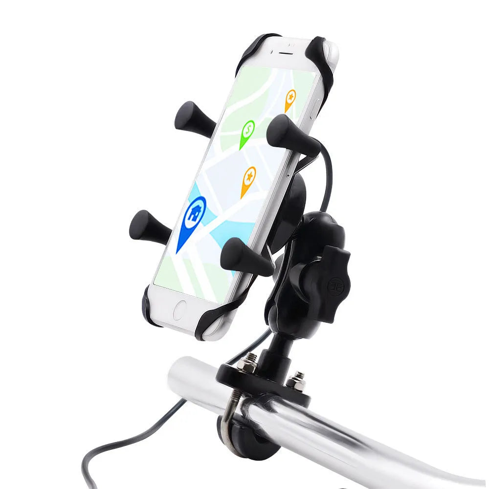 Black aluminium alloy motorcycle phone mounting bracket attached to a bike handlebar