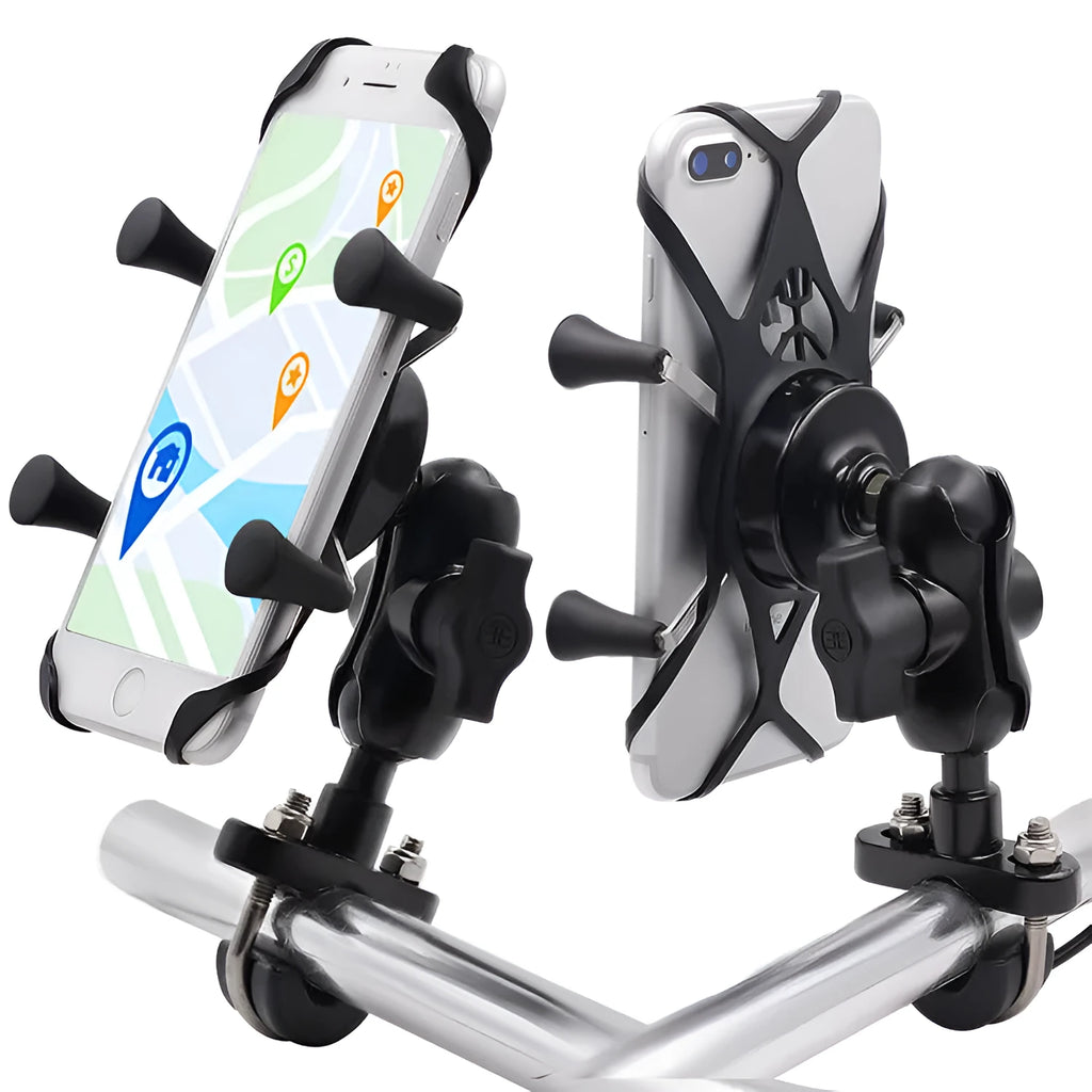 Black aluminium alloy motorcycle phone mounting bracket attached to a bike handlebar