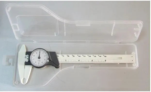 Black plastic vernier caliper showing 0-150mm measuring range with 0.1mm graduation markings