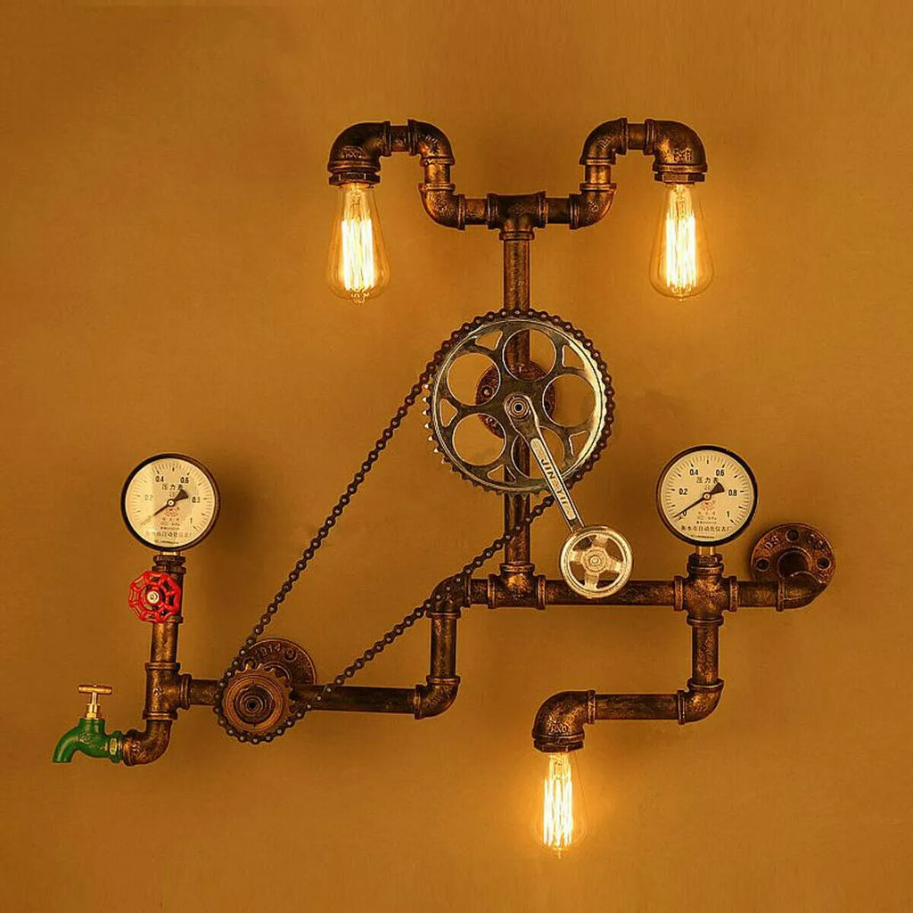 Red steampunk industrial light switch valve with gray copper tee and 3/4 inch thread