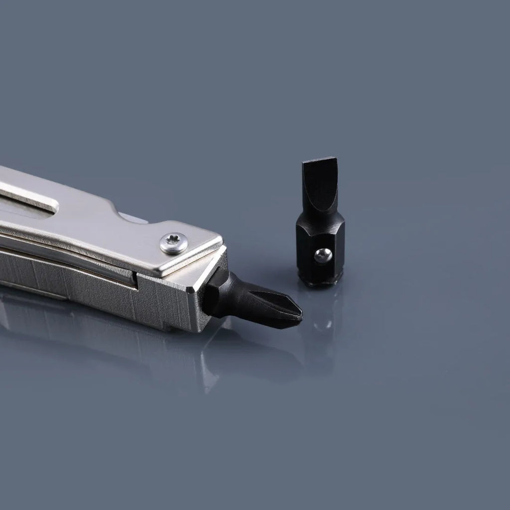 White stainless steel multi-function wrench tool with knife and needle nose pliers, showing 8cm blade.