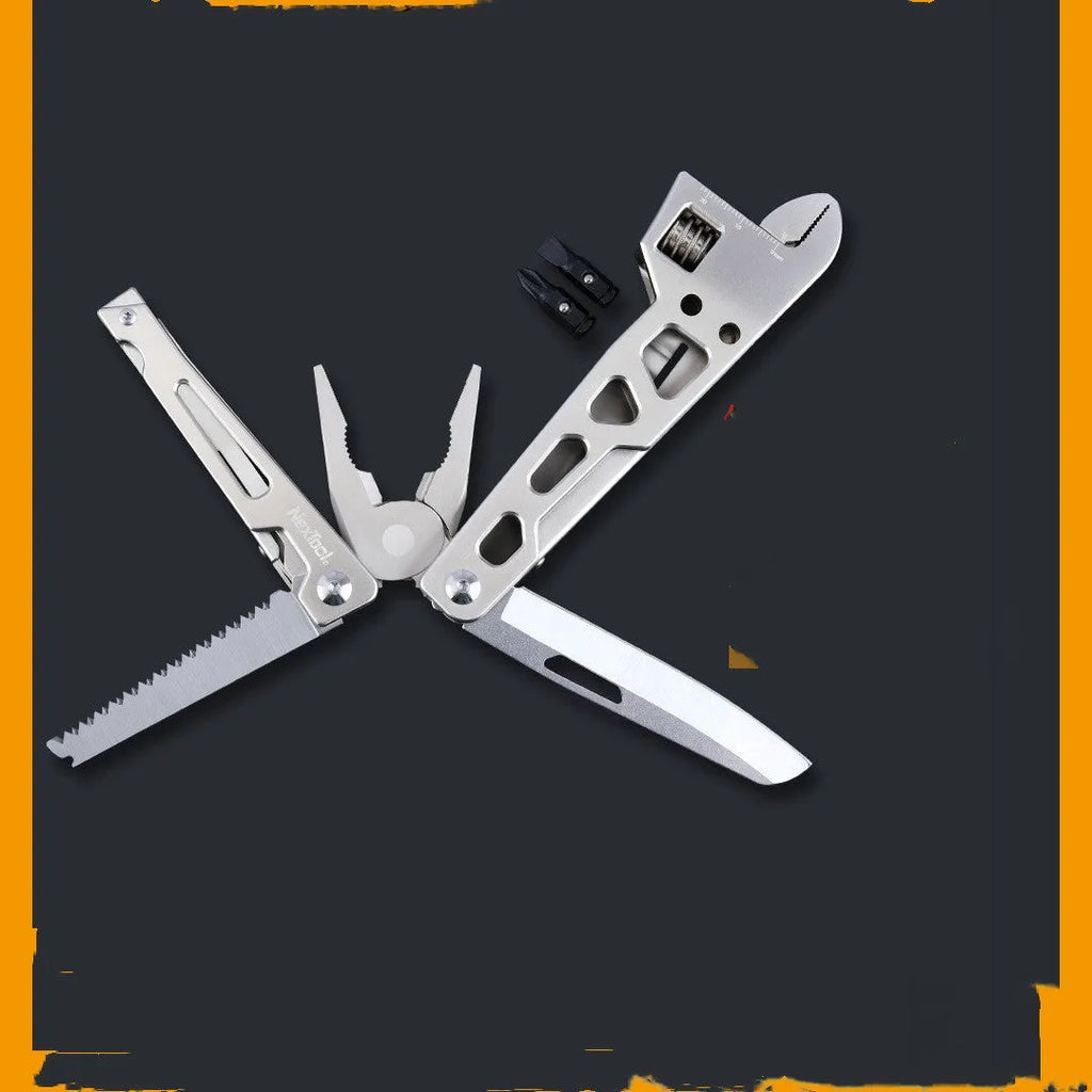 White stainless steel multi-function wrench tool with knife and needle nose pliers, showing 8cm blade.