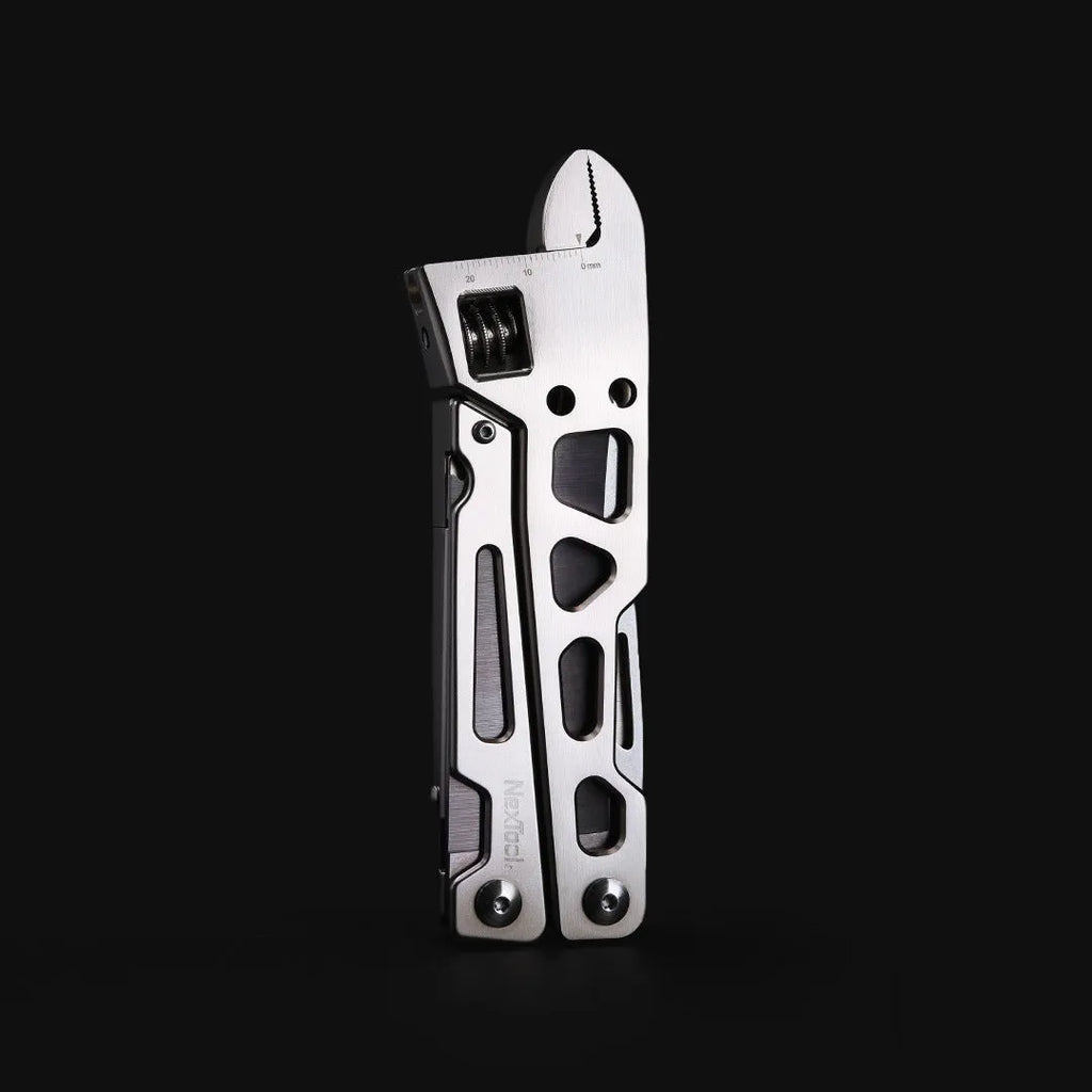 White stainless steel multi-function wrench tool with knife and needle nose pliers, showing 8cm blade.