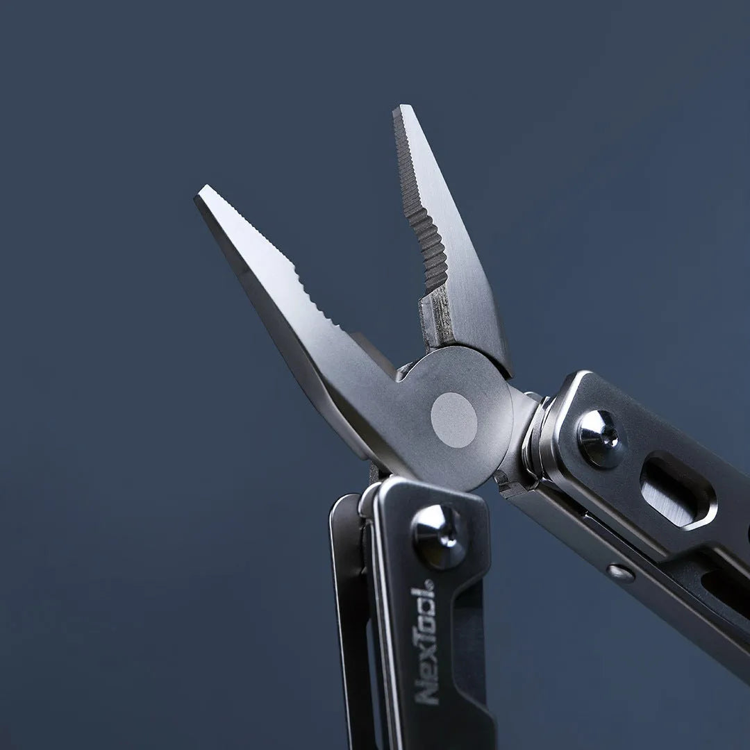 White stainless steel multi-function wrench tool with knife and needle nose pliers, showing 8cm blade.