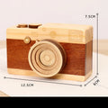 Pine wood camera-shaped rotating music box in decorative gift packaging.