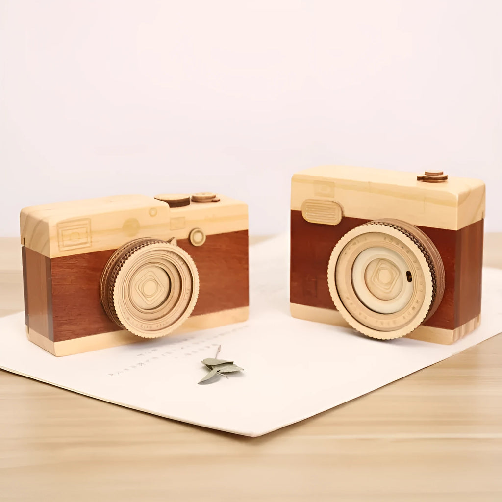 Pine wood camera-shaped rotating music box in decorative gift packaging.