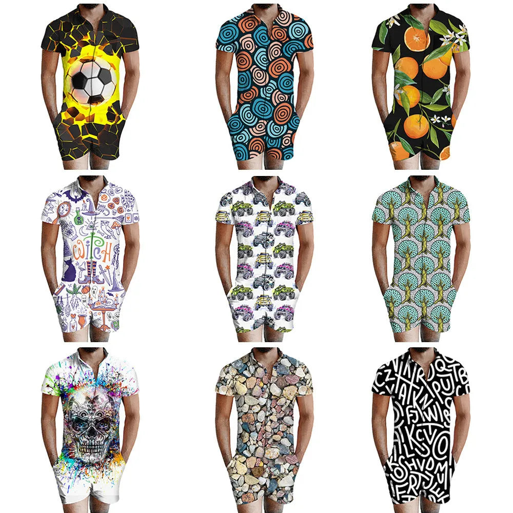 3D printed men's one piece shorts suit summer leisure wear short sleeve T-shirt and shorts set
