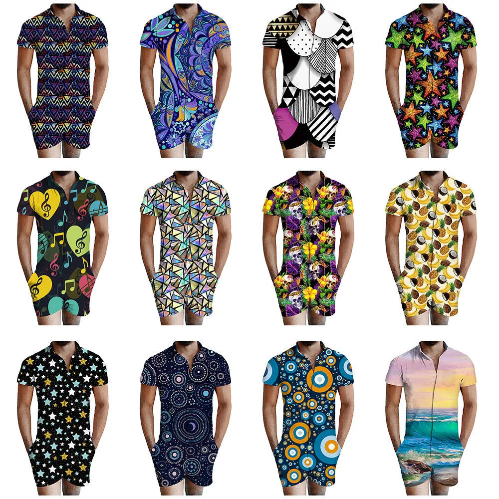 3D printed men's one piece shorts suit summer leisure wear short sleeve T-shirt and shorts set
