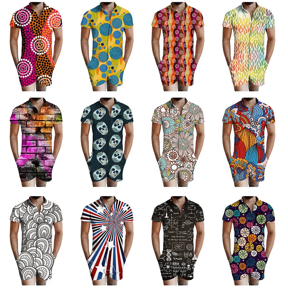 3D printed men's one piece shorts suit summer leisure wear short sleeve T-shirt and shorts set
