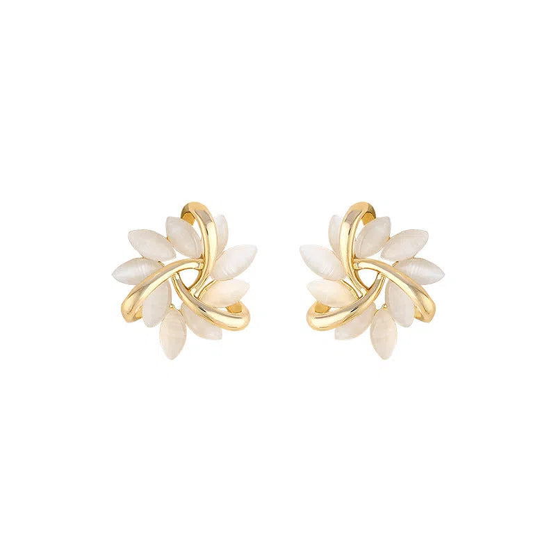 Opal cat's eye flower stud earrings in silver with geometric square and triangle design, Japanese Korean style