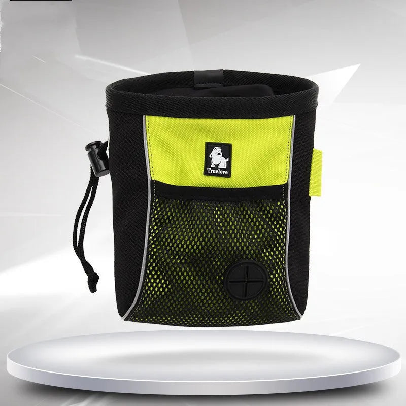 Green dog training waist bag with removable waste pouch, worn on hip, showing Oxford cloth material and buckle.