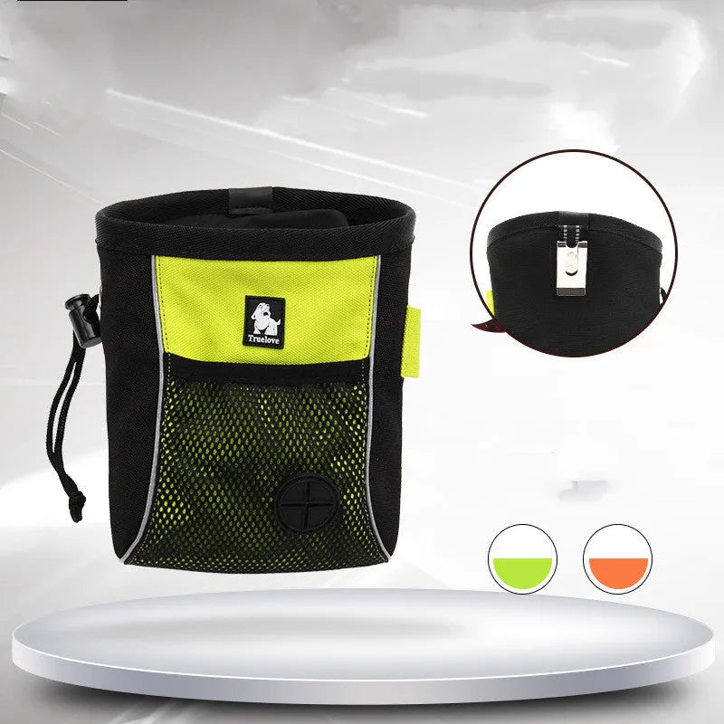 Green dog training waist bag with removable waste pouch, worn on hip, showing Oxford cloth material and buckle.