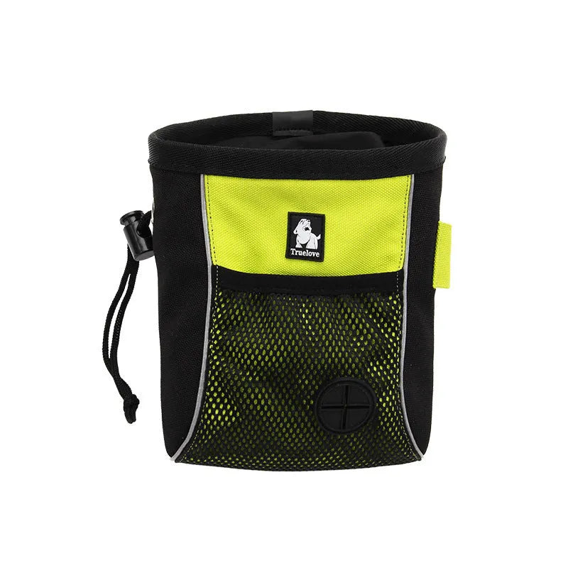 Green dog training waist bag with removable waste pouch, worn on hip, showing Oxford cloth material and buckle.