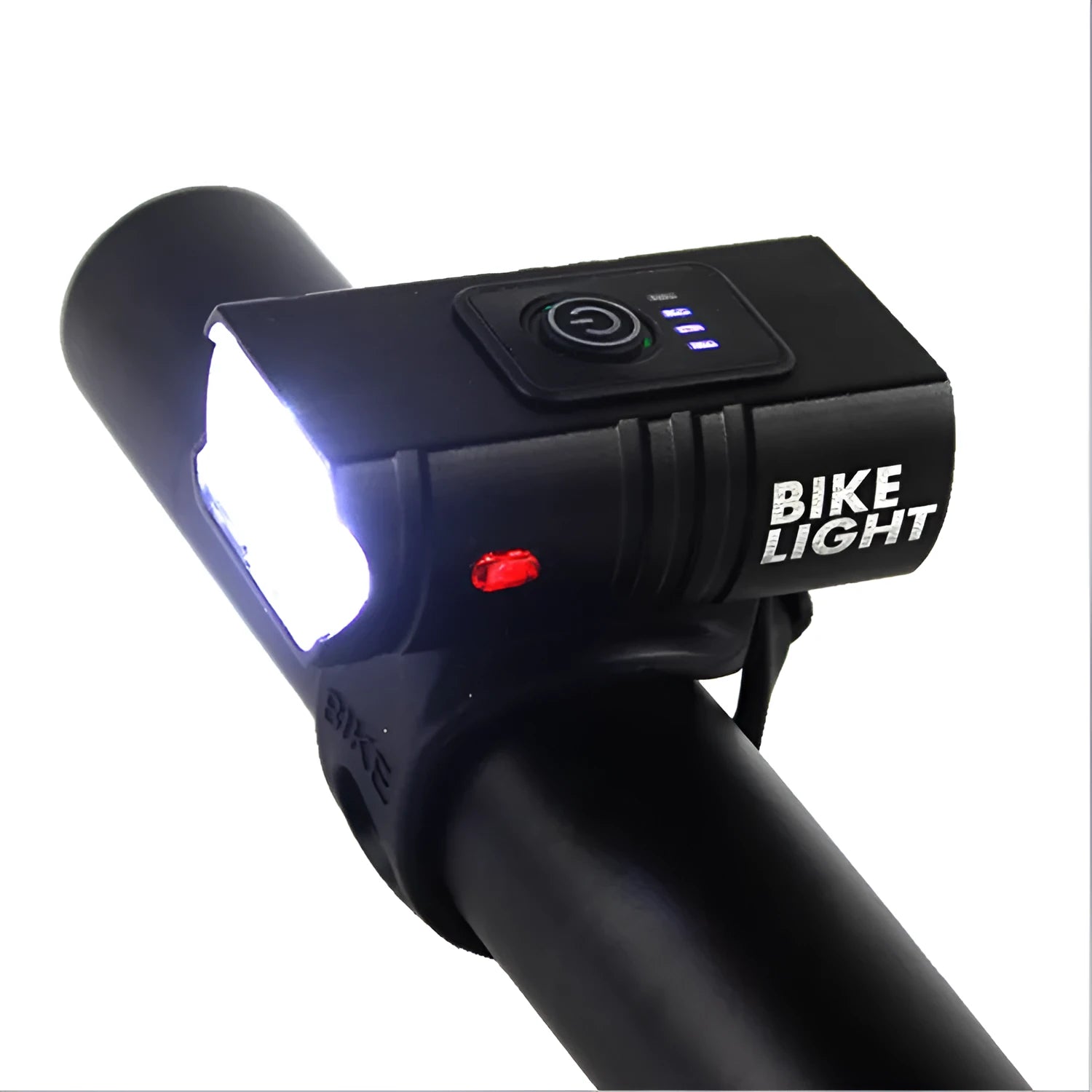 Outdoor cycling headlight with small double lamp design, T6 LED, 1600lm output, and red warning light on handlebar