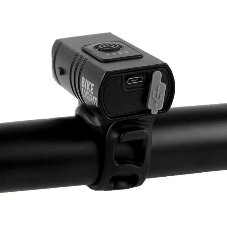 Outdoor cycling headlight with small double lamp design, T6 LED, 1600lm output, and red warning light on handlebar