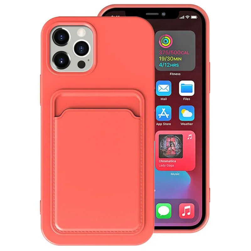 Candy colour iPhone case with card holder in solid colours, silicone TPU back cover for iPhone 6 to 12 Pro Max