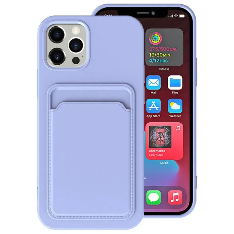 Candy colour iPhone case with card holder in solid colours, silicone TPU back cover for iPhone 6 to 12 Pro Max