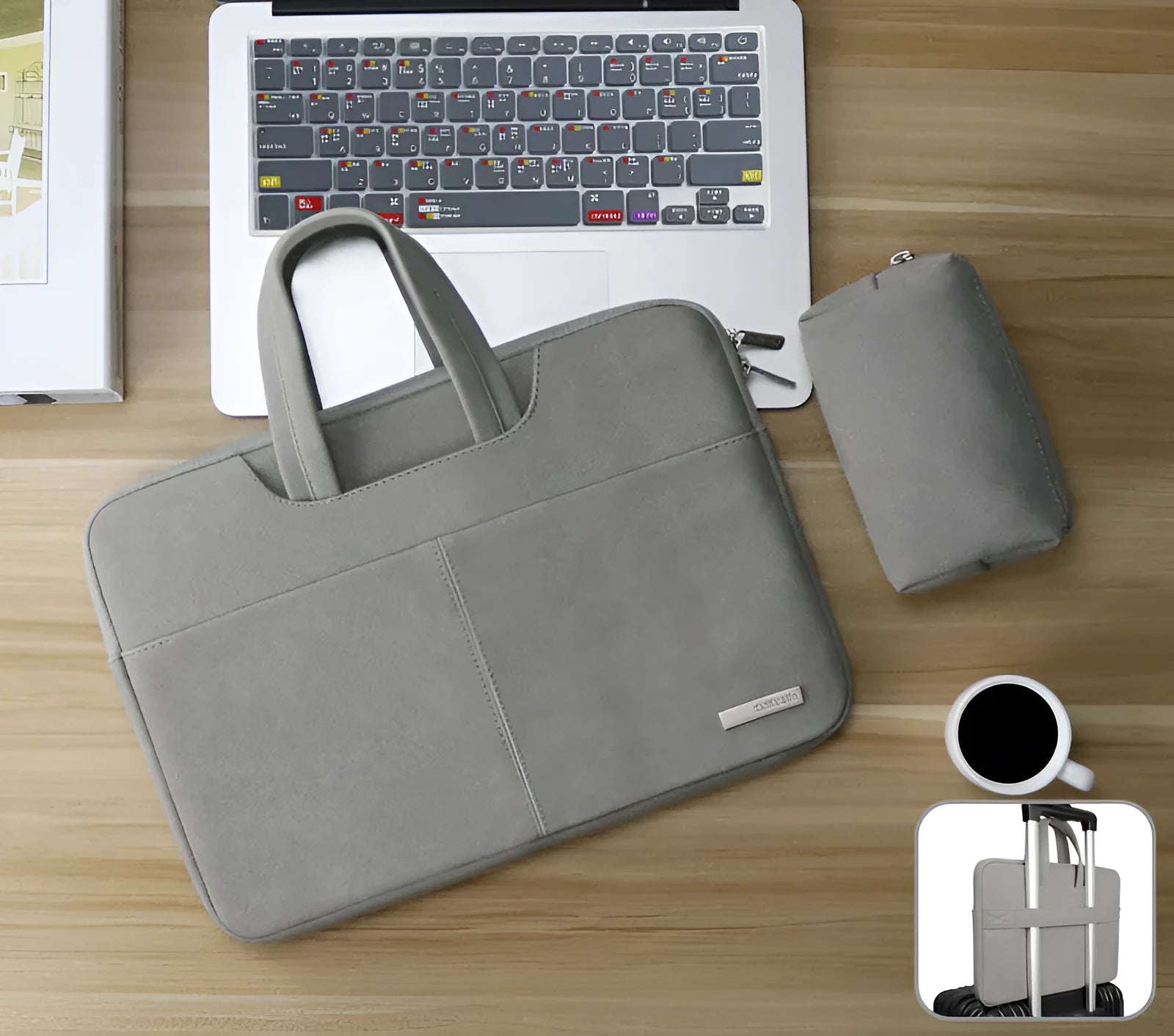 Blue waterproof PU leather laptop bag open, showing internal shock-resistant liner, zipper pocket, and phone compartment.