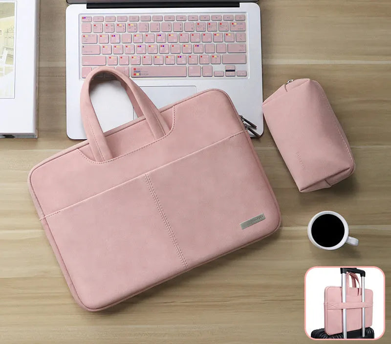 Blue waterproof PU leather laptop bag open, showing internal shock-resistant liner, zipper pocket, and phone compartment.