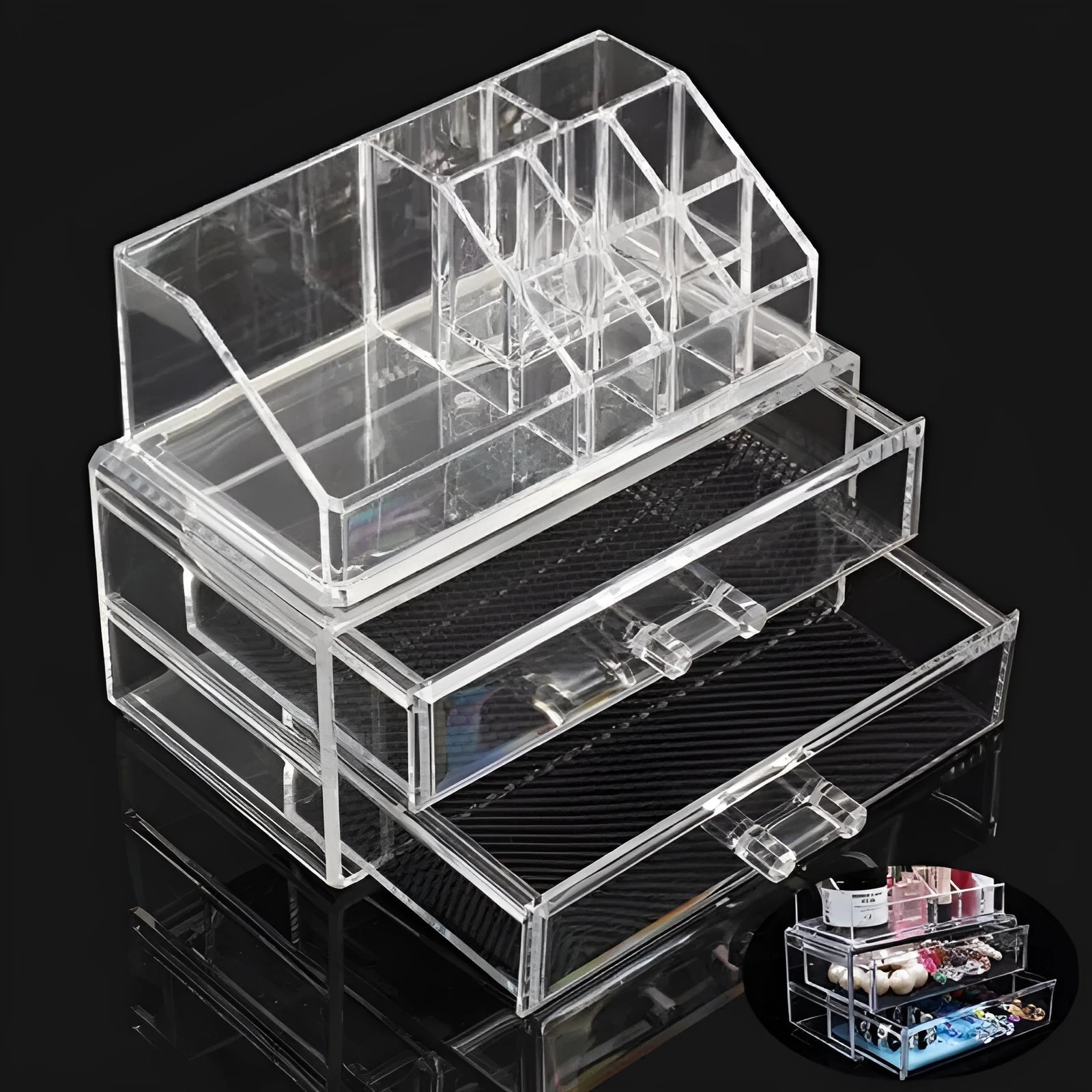 Clear foldable acrylic storage organiser box with transparent sides showing 18-litre capacity.