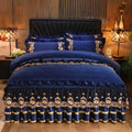 Lace bed skirt in polar fleece with lace edge, shown in Navy Blue with matching pillowcases