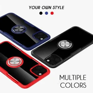 Black PU iPhone case with integrated car holder for iPhone 11 Pro Max shown from the back.