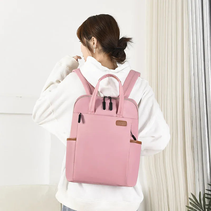 15.6-inch canvas laptop backpack, 30.0cm x 13.0cm x 38.0cm, zip-top, Black Khaki Pink off white