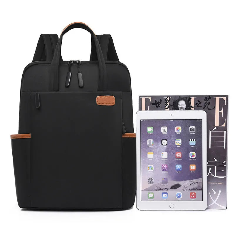 15.6-inch canvas laptop backpack, 30.0cm x 13.0cm x 38.0cm, zip-top, Black Khaki Pink off white