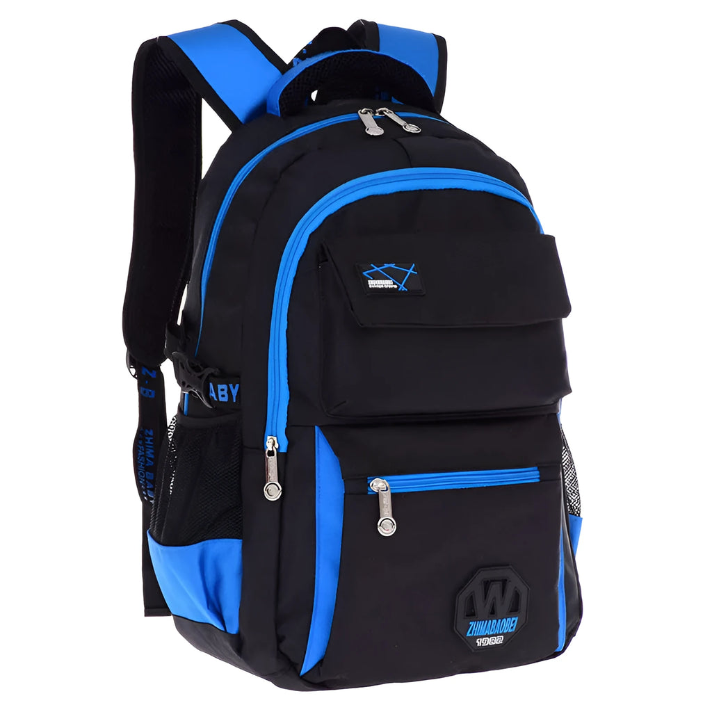 Waterproof nylon school backpack for students in blue, showing main compartment and side pockets.