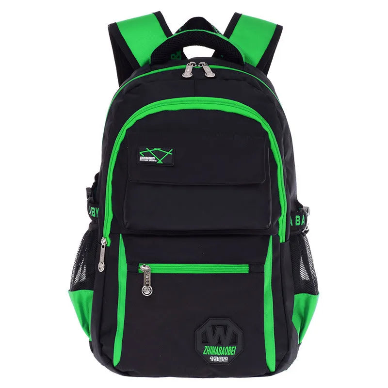 Waterproof nylon school backpack for students in blue, showing main compartment and side pockets.