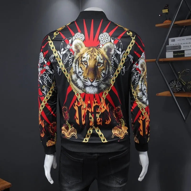 Men's gold print bomber jacket in white, black, and blue, cotton-polyester blend, long sleeves, ribbed hem, side pockets, streetwear